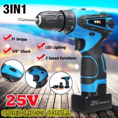 2 Speed Variations 31+1 Torque Handheld Electric Cordless Drill 3/8" Chuck 25V Li-Ion Battery LED Li