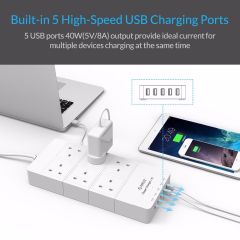 ORICO HPC-6A5U-UK-WH Home office UK Plug USB Travel Charger Adapter with 6 Outlet Power Strip Surge 