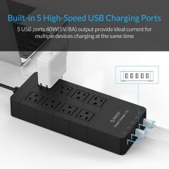 ORICO HPC-8A5U-US-BK Family Size 8 Outlet Surge Protector Power Strip with 5 Port 40W USB Charger