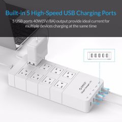 ORICO HPC-8A5U-US-WH Family Size 8 Outlet Surge Protector Power Strip with 5 Port 40W USB Charger