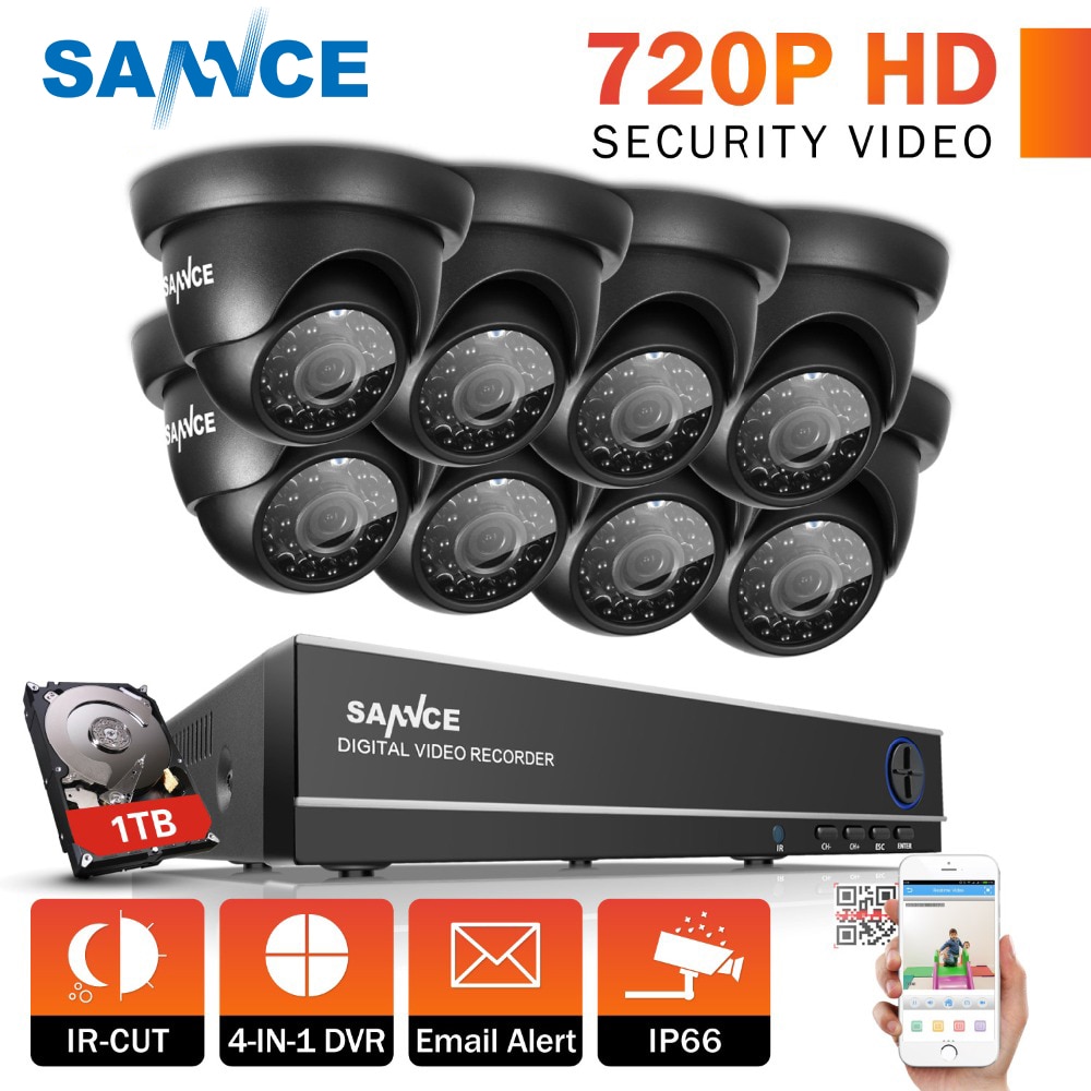SANNCE 8CH 1080P HDMI CCTV System 8pcs 720P Dome Security Cameras IR Night Vision Outdoor CCTV Video