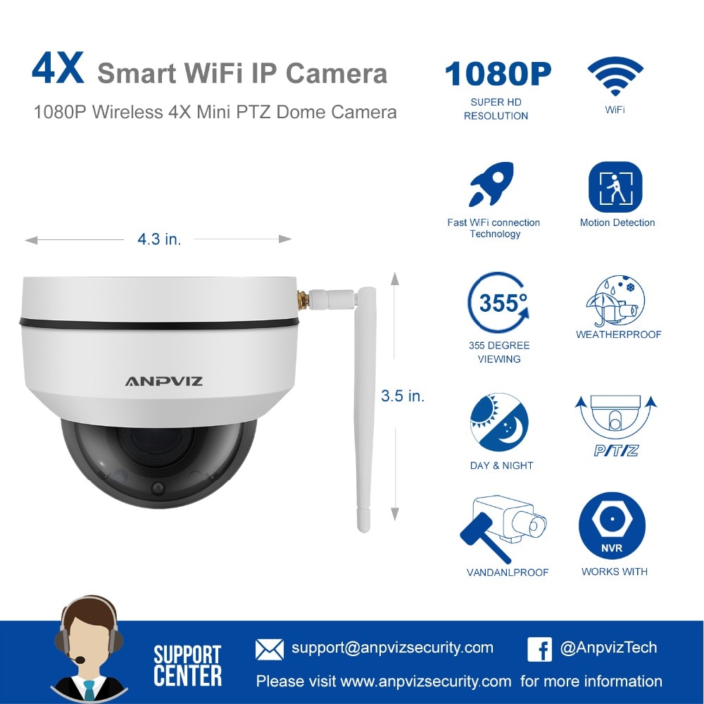 Anpviz 1080P 960P Wireless PTZ IP Camera CCTV Onvif 2.5 Inch Outdoor WiFi 2.8-12mm Motorized 4X Zoom