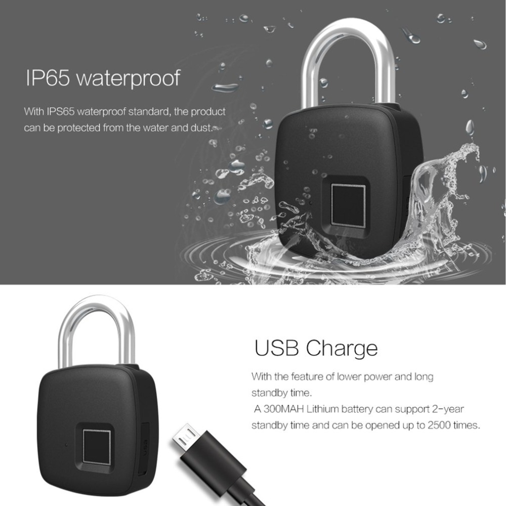 Smart Keyless Fingerprint Lock USB Rechargeable Waterproof Anti-Theft Security Padlock Door Luggage 