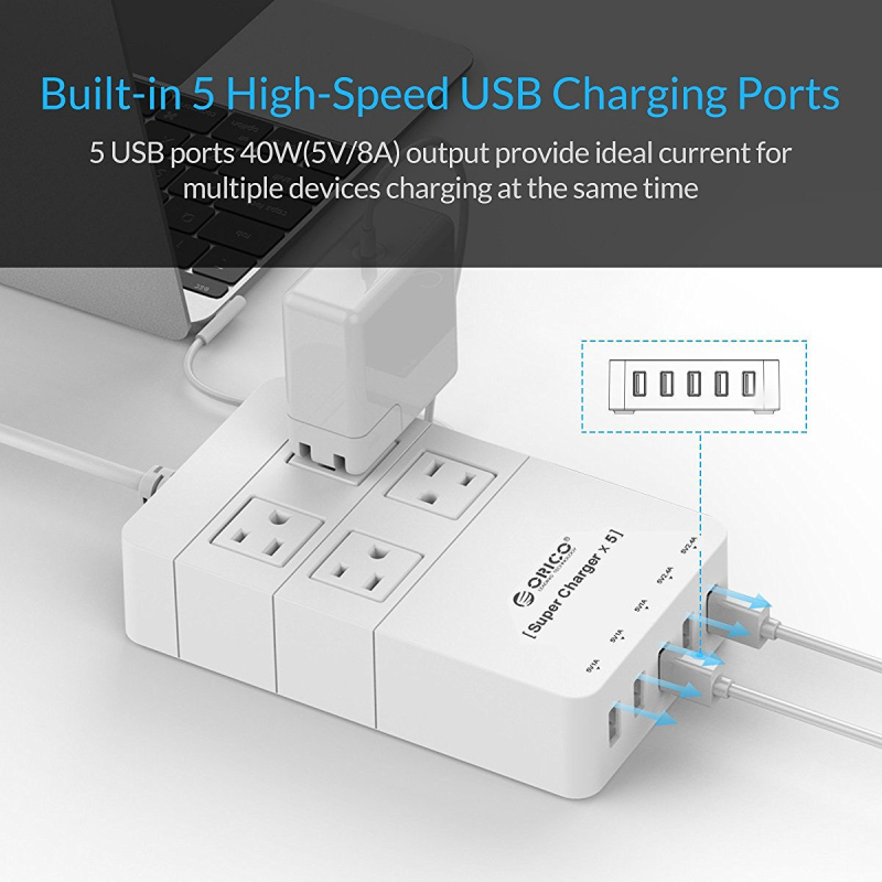 ORICO HPC-4A5U-US-WH travel surge protector Socket with usb power strip IC for Ipad Iphone (white)