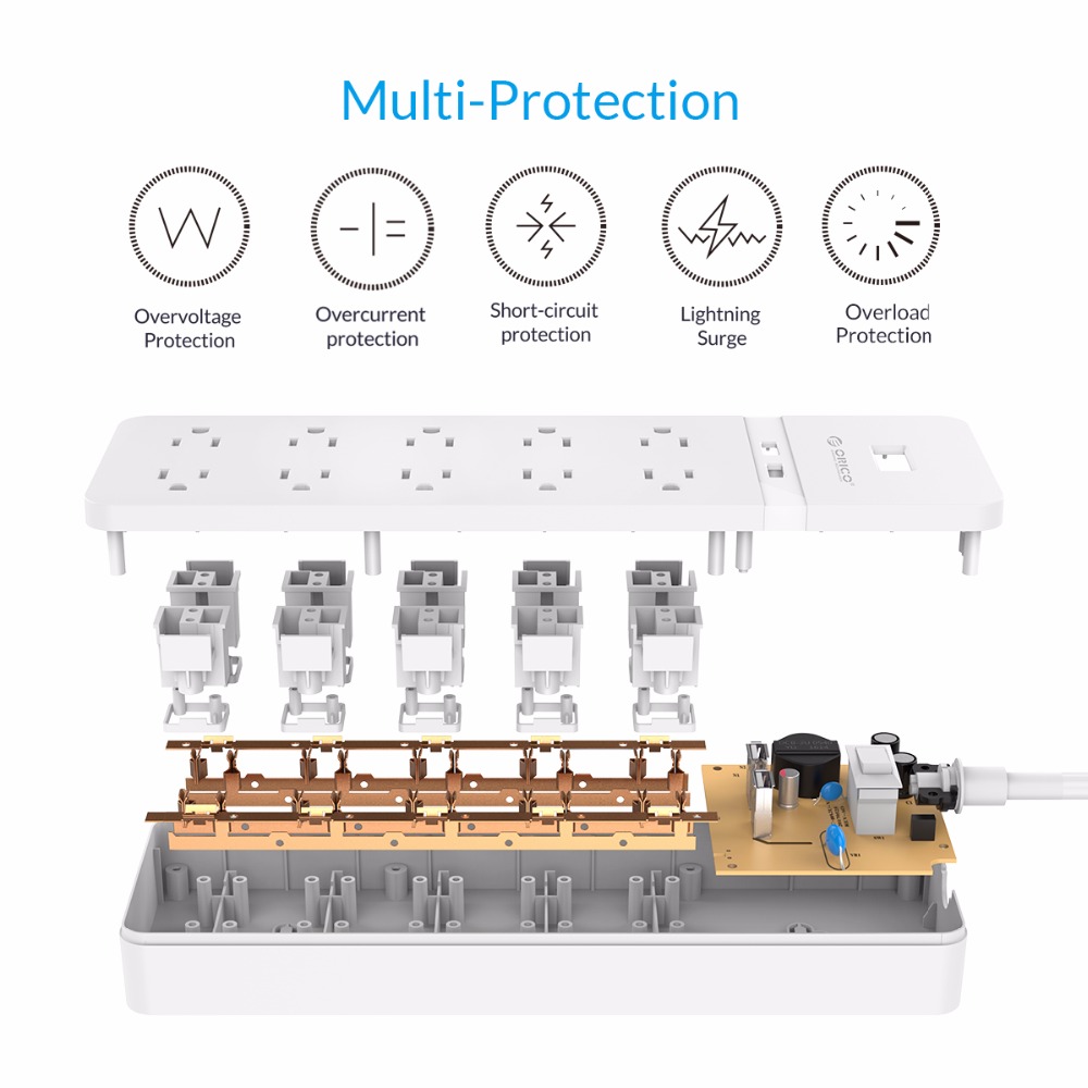 ORICO FPC USB Power Strip USB Socket Surge Protector 6/8/10 AC Outlets 2 USB Charging Ports 5V/2.4A