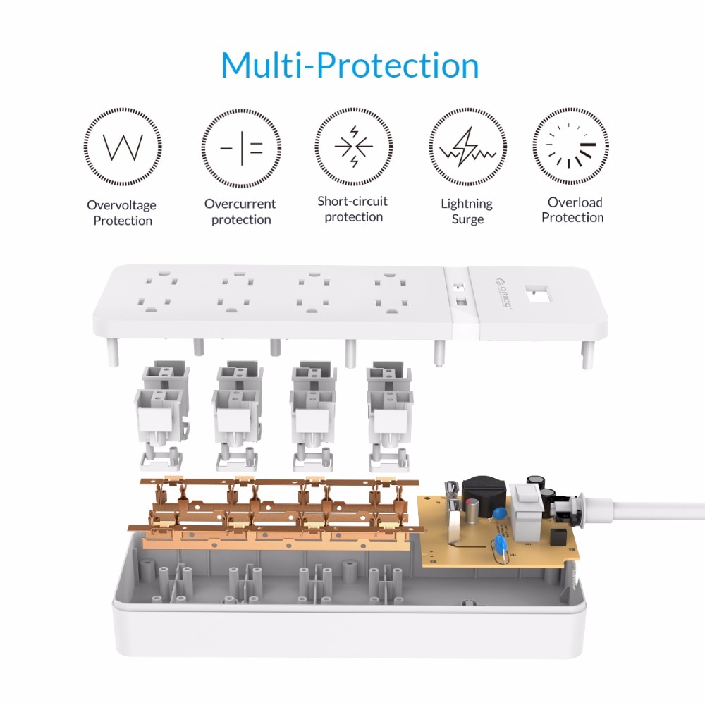 ORICO FPC USB Power Strip USB Socket Surge Protector 8 AC Outlets 2 USB Charging Ports 5V2.4A USB