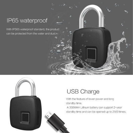 [32972119791] Smart Keyless Fingerprint Lock USB Rechargeable Waterproof Anti-Theft Security Padlock Door Luggage 