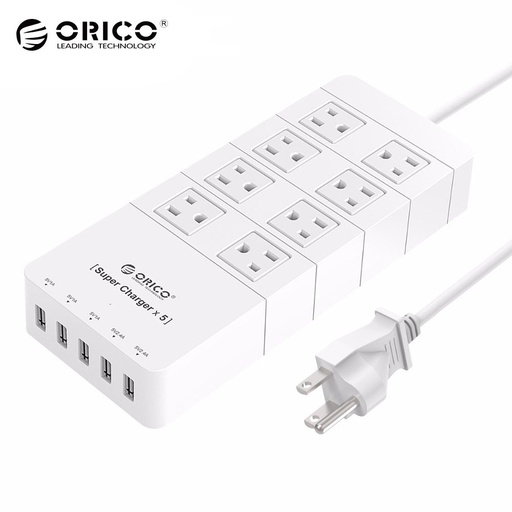 [32325421891] ORICO HPC-8A5U-US-WH Family Size 8 Outlet Surge Protector Power Strip with 5 Port 40W USB Charger